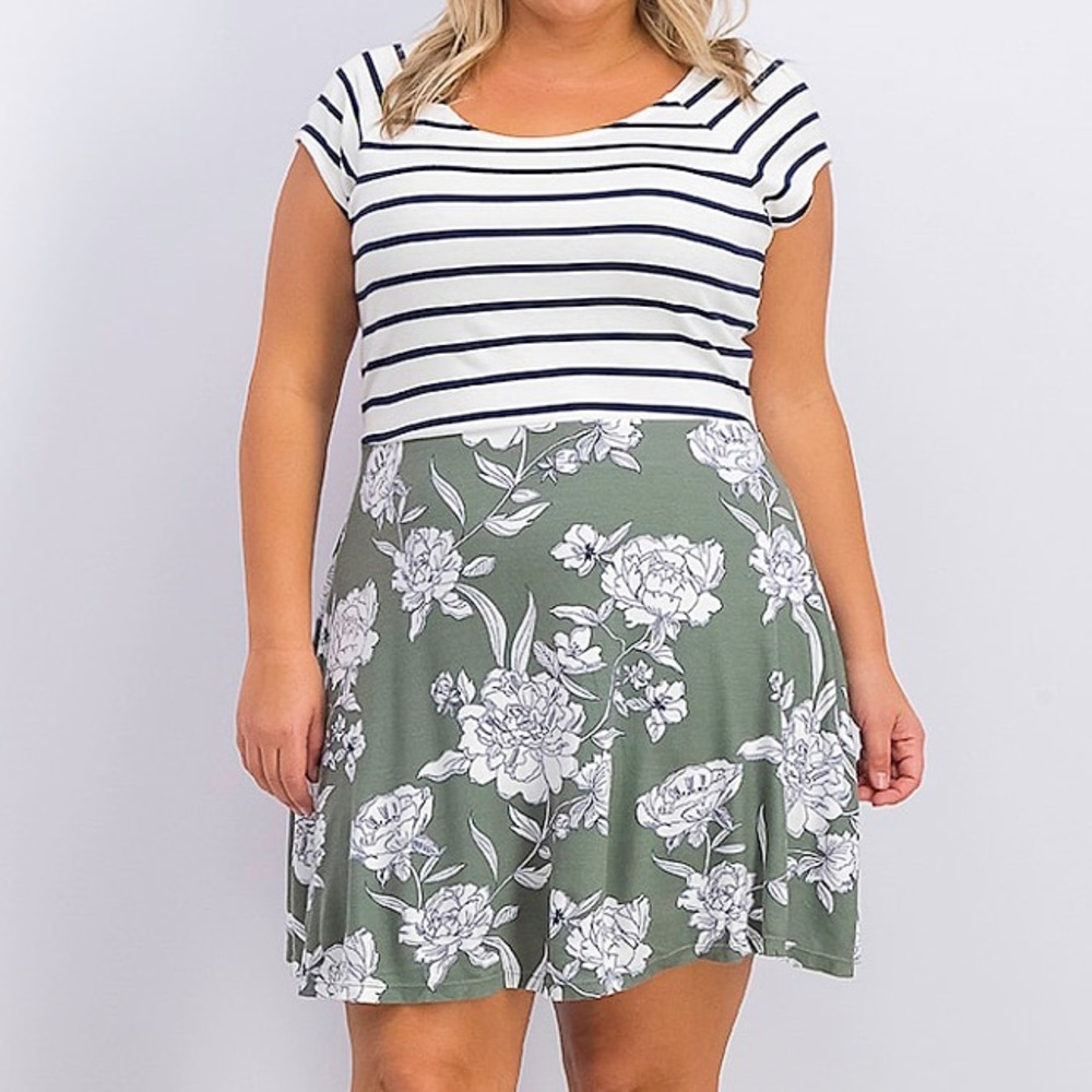Market & Spruce White Striped Top with Olive Green Floral Skirt Mini Dress